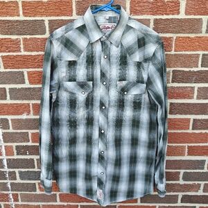 Rafter C Mens Western Diamond Pearl Snap Shirt Green Plaid Long Sleeve Sz Medium